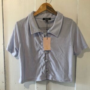 Missguided blue terry crop button up